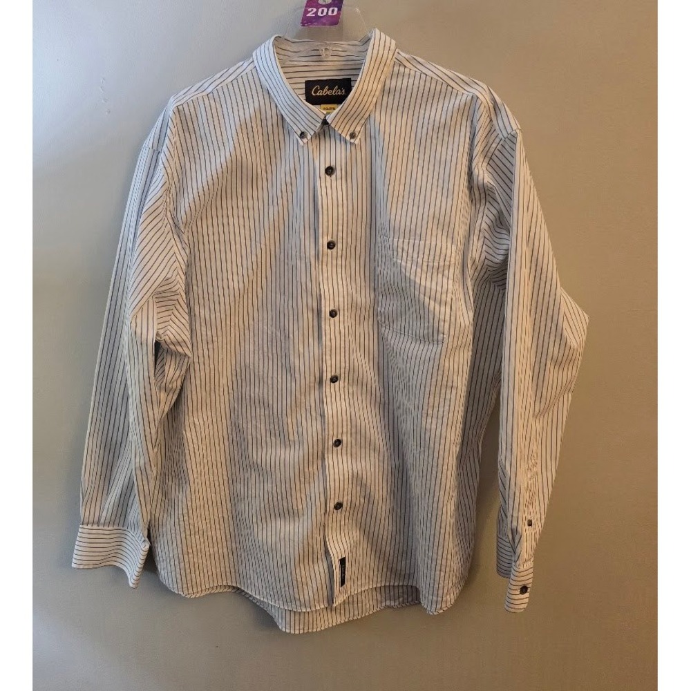 Cabelas Mens Button Up Shirt White Blue Striped Long Sleeve Office Plus Size 2XL